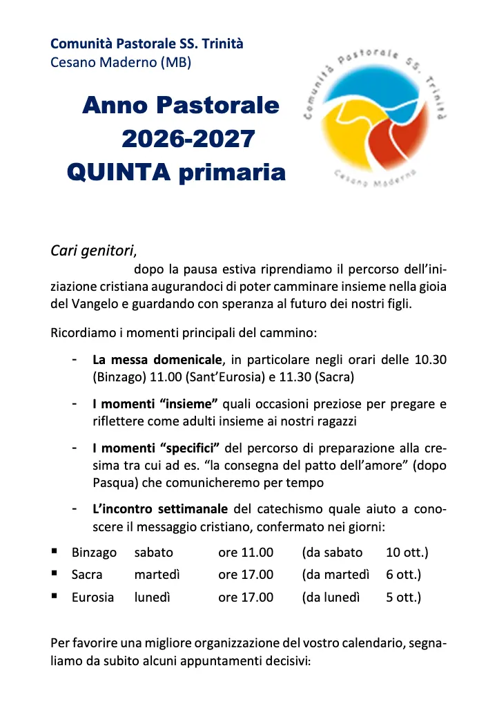 Catechismo di quinta primaria: anno pastorale 2026-2027